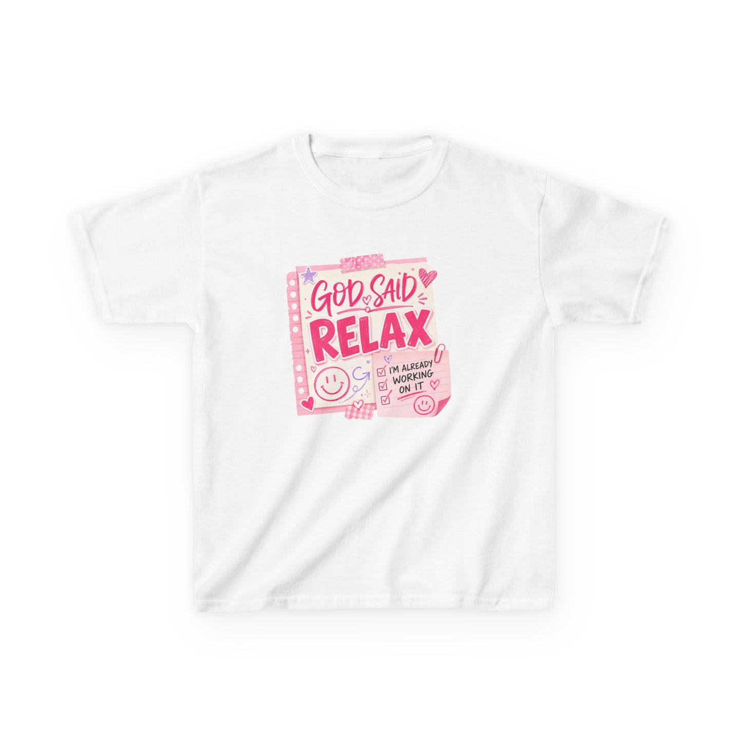 Kids Tee — "God Said Relax" Pink Faith Graphic