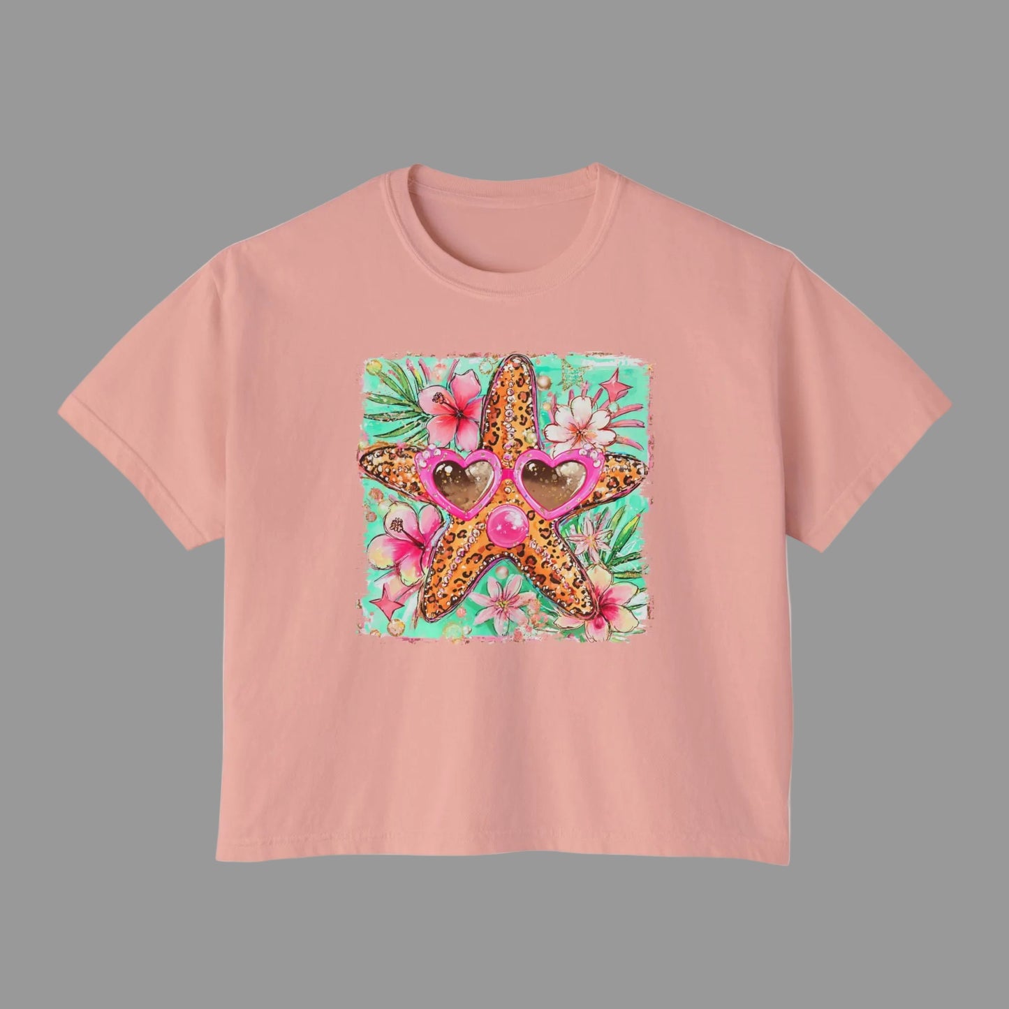 Starfish Sunglasses Boxy Tee — Tropical Floral Women's Crop T-Shirt