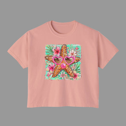 Starfish Sunglasses Boxy Tee — Tropical Floral Women's Crop T-Shirt