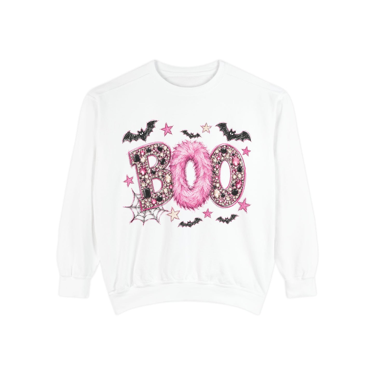 Halloween "BOO" Sweatshirt — Pink Glitter Bat & Spiderweb Graphic
