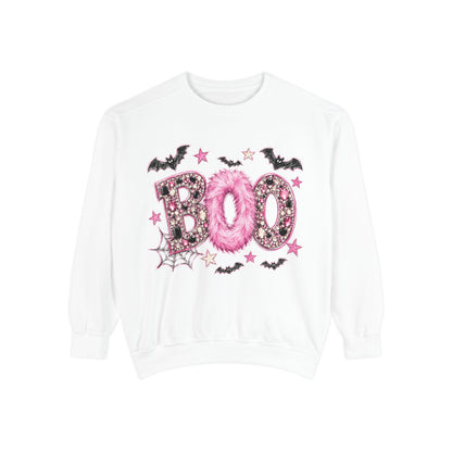 Halloween "BOO" Sweatshirt — Pink Glitter Bat & Spiderweb Graphic