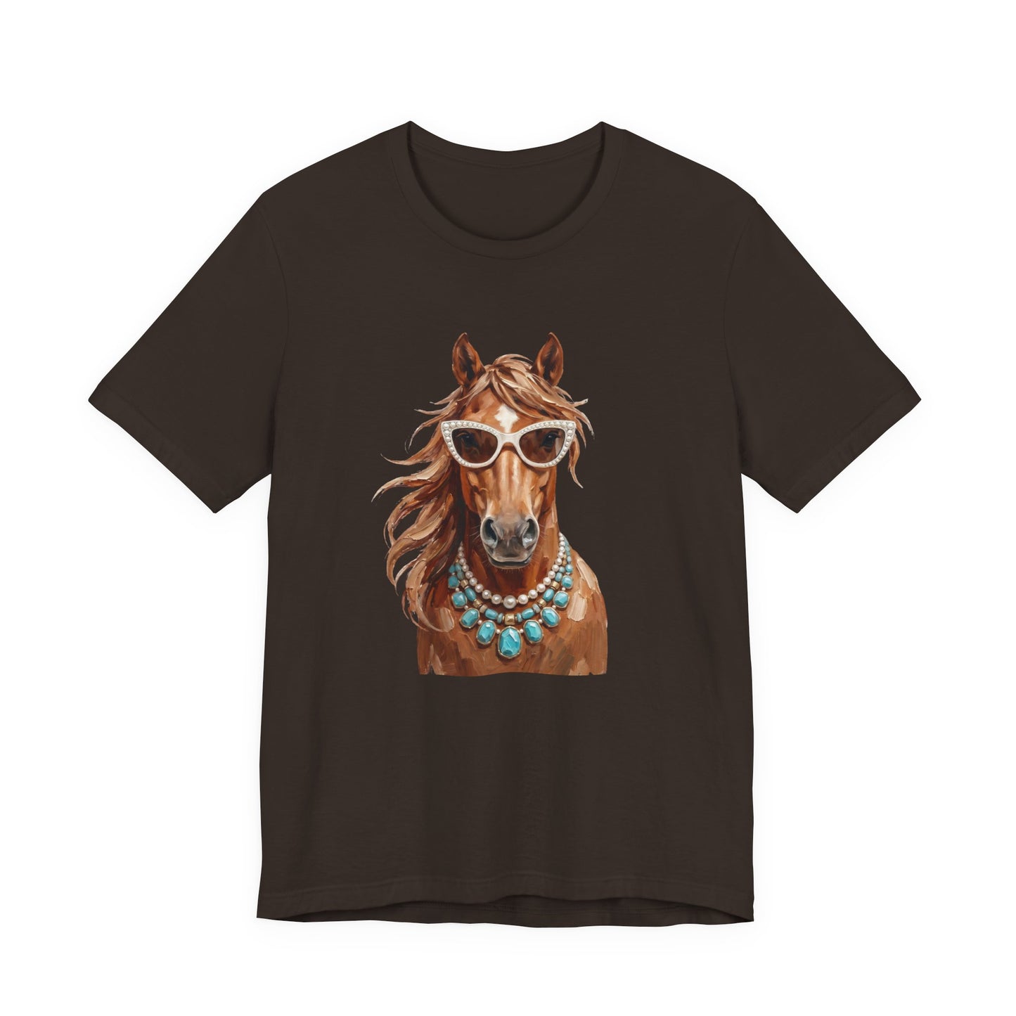 Horse Portrait T‑Shirt — Chic Horse in Sunglasses & Turquoise Necklace