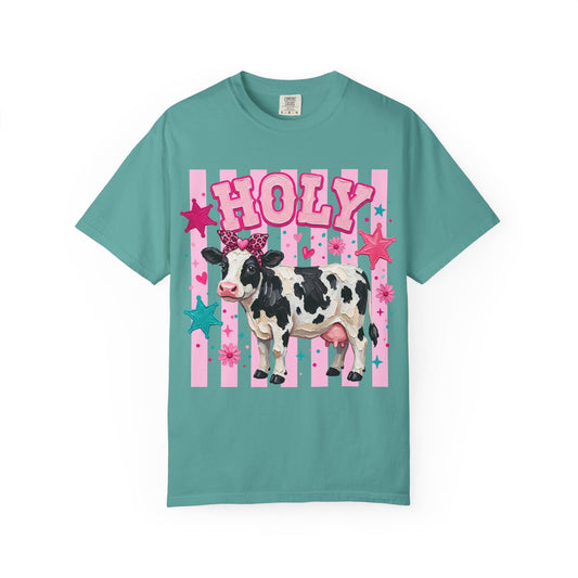 Holy Cow Graphic T-Shirt — Cute Cow with Pink Stars & Stripes