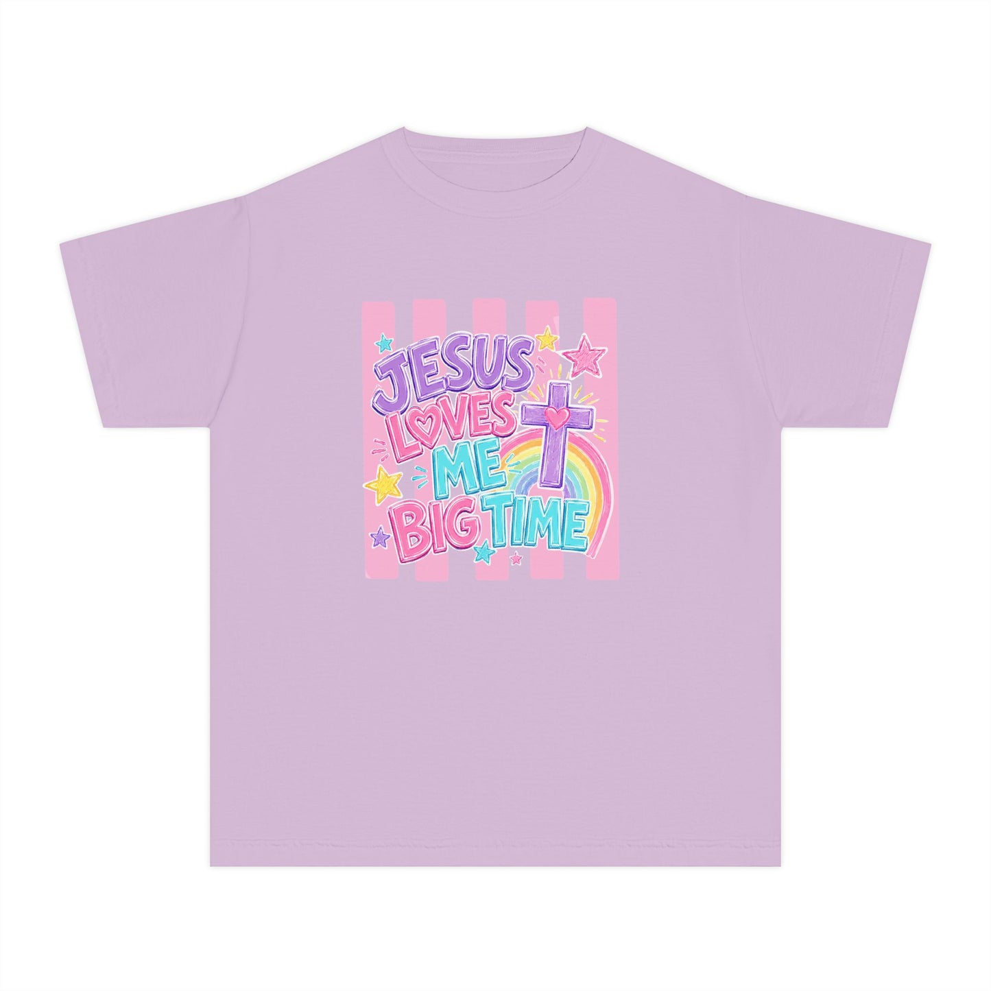 Youth Tee — "Jesus Loves Me Big Time" Pastel Christian Kids Shirt