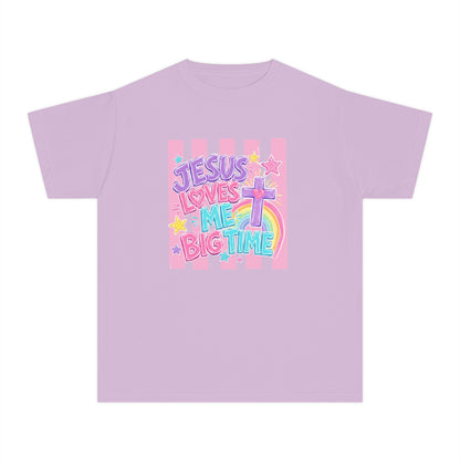 Youth Tee — "Jesus Loves Me Big Time" Pastel Christian Kids Shirt