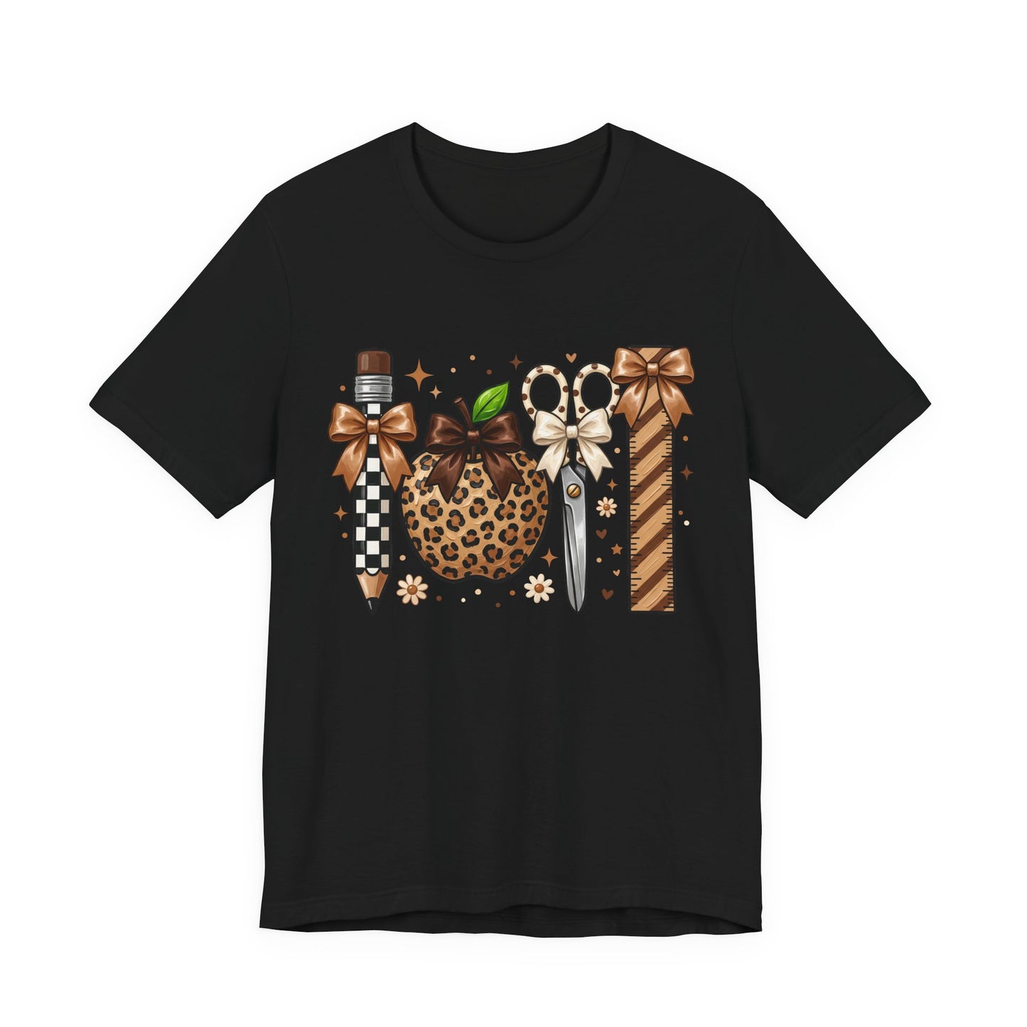 Leopard Apple & School Tools Teacher T‑Shirt — Back to School Graphic Tee