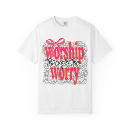 Worship Through the Worry T-Shirt — Faith-Inspired Leopard Graphic Tee