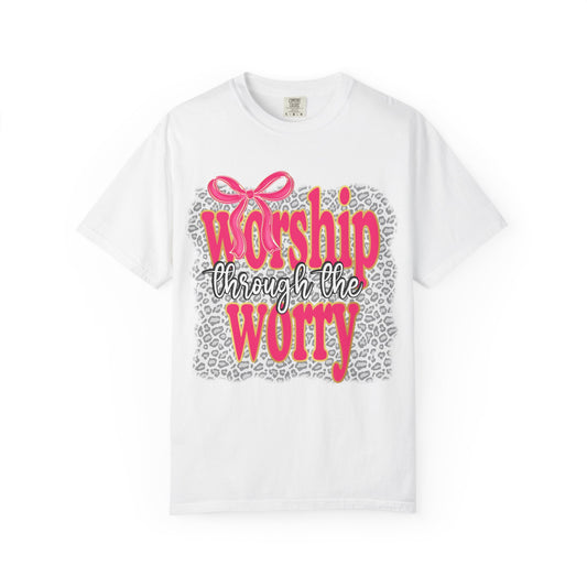Worship Through the Worry T-Shirt — Faith-Inspired Leopard Graphic Tee