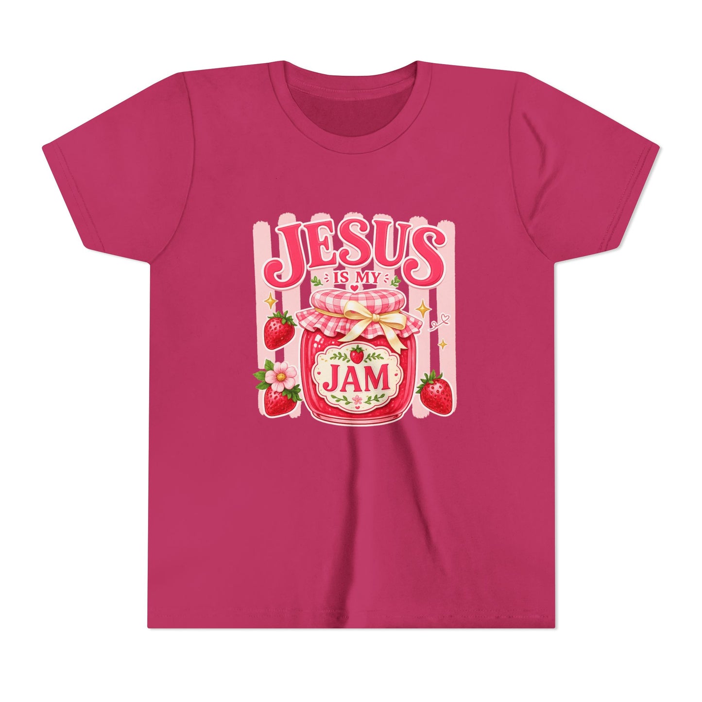 Youth Tee — "Jesus Is My Jam" Strawberry Faith Graphic