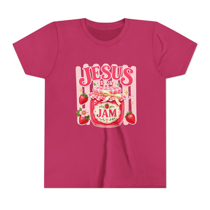 Youth Tee — "Jesus Is My Jam" Strawberry Faith Graphic