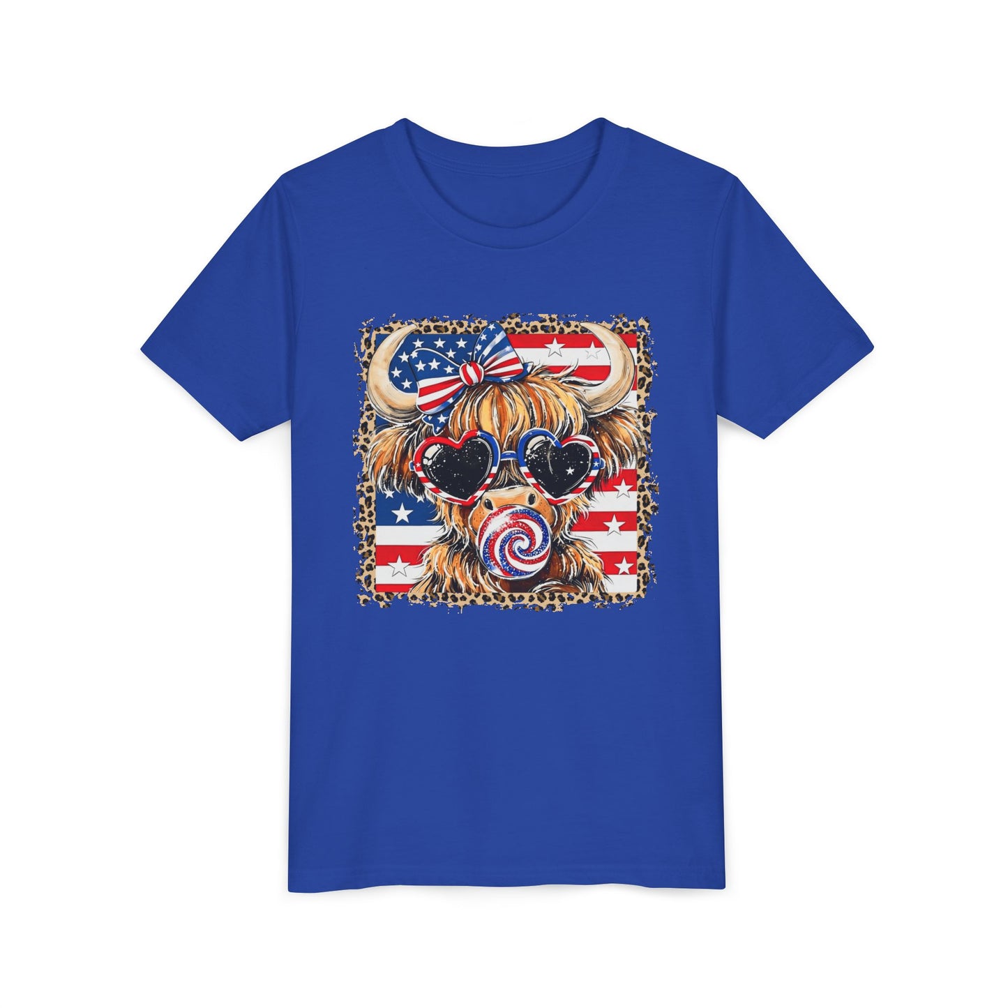Patriotic Highland Cow Youth Tee — American Flag Bow & Heart Sunglasses