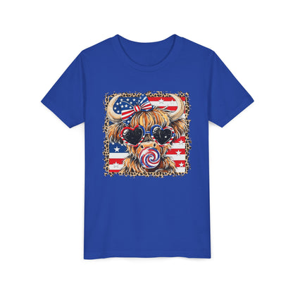 Patriotic Highland Cow Youth Tee — American Flag Bow & Heart Sunglasses