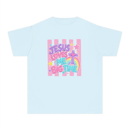 Youth Tee — "Jesus Loves Me Big Time" Pastel Christian Kids Shirt