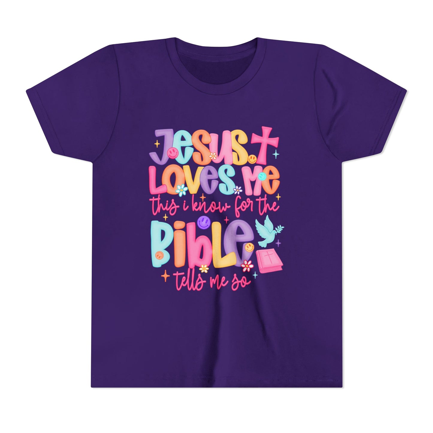 Youth Christian Tee — "Jesus Loves Me" Colorful Bible Kids Shirt