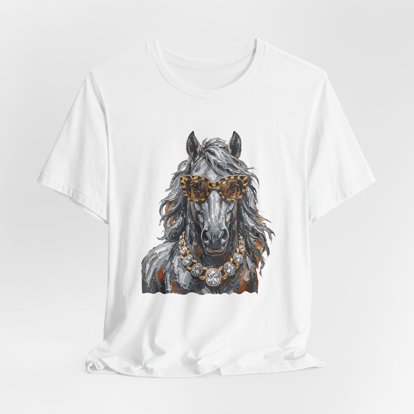 Horse Portrait T‑Shirt — Glam Horse with Sunglasses & Pearl Necklace