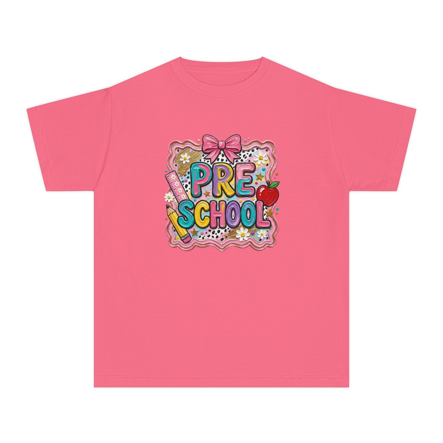 Preschool Cute Patch Kids Tee — 'Pre School' Back-to-School Shirt with Bow & Apple Design