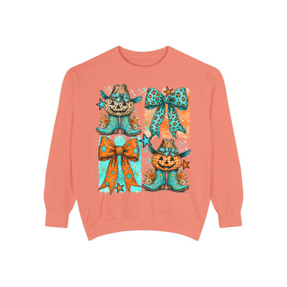 Halloween Cat & Pumpkin Bow Sweatshirt — Cute Teal Orange Fall Graphic