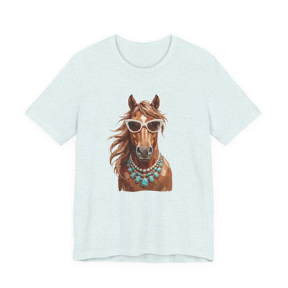 Horse Portrait T‑Shirt — Chic Horse in Sunglasses & Turquoise Necklace