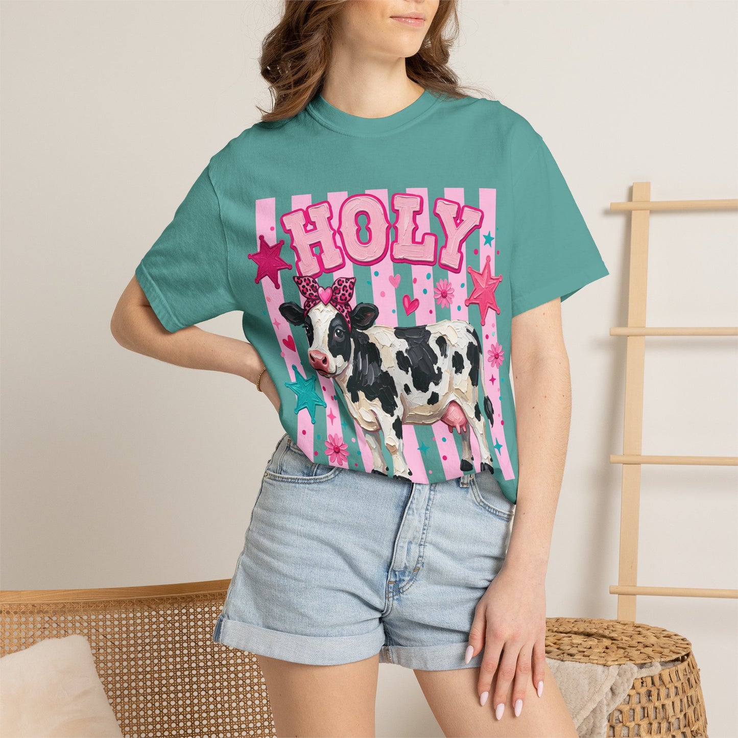 Holy Cow Graphic T-Shirt — Cute Cow with Pink Stars & Stripes