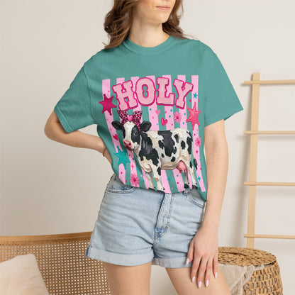 Holy Cow Graphic T-Shirt — Cute Cow with Pink Stars & Stripes