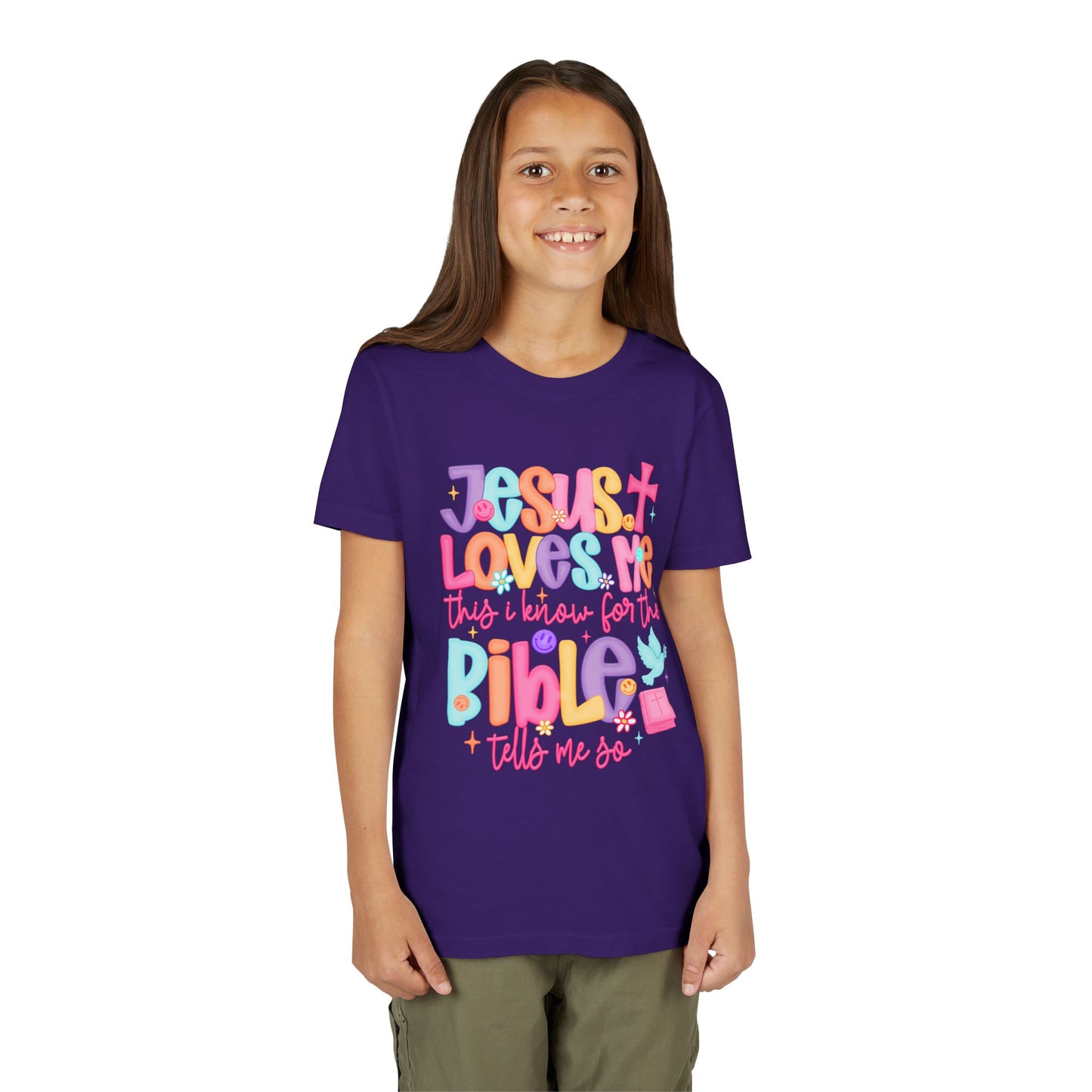 Youth Christian Tee — "Jesus Loves Me" Colorful Bible Kids Shirt