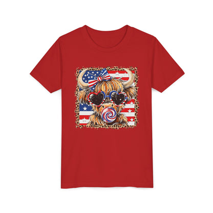 Patriotic Highland Cow Youth Tee — American Flag Bow & Heart Sunglasses
