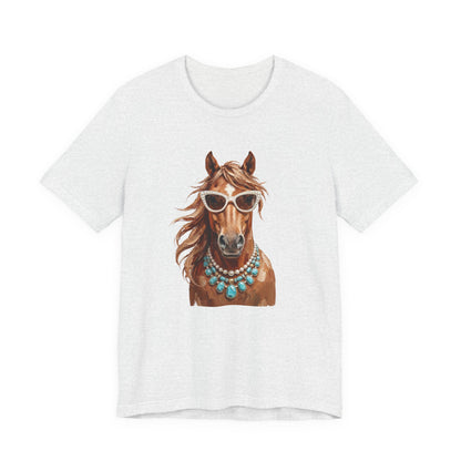 Horse Portrait T‑Shirt — Chic Horse in Sunglasses & Turquoise Necklace
