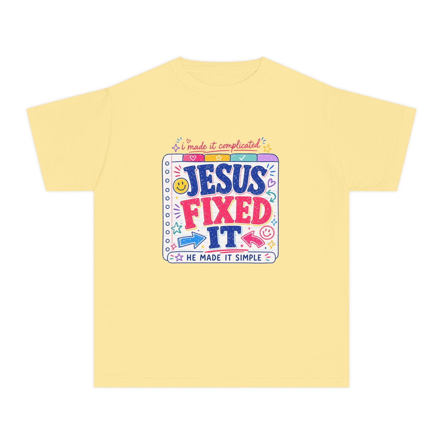 Youth Tee — "Jesus Fixed It" Colorful Faith Graphic