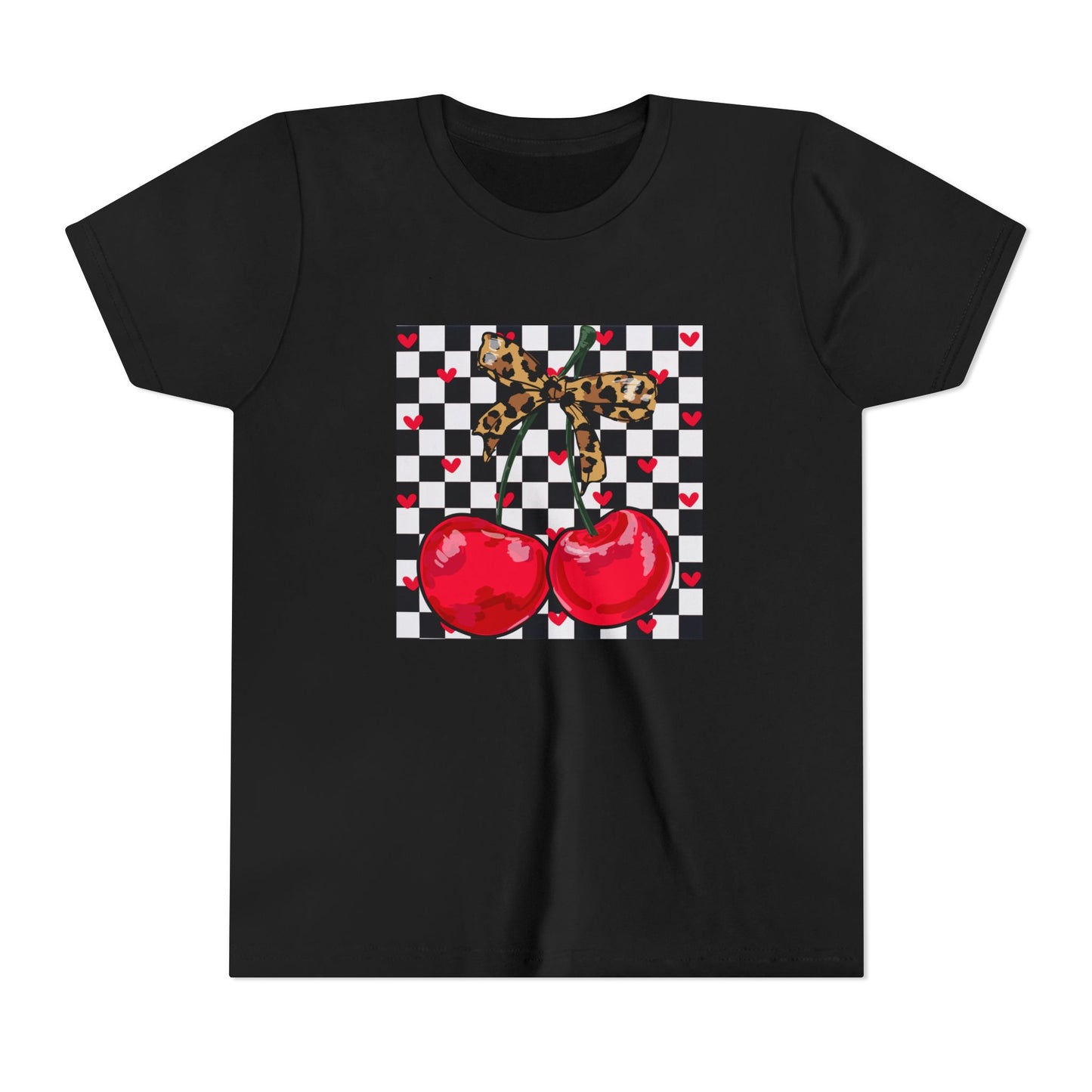 Youth Tee — Checkerboard Cherries Graphic Tee (Leopard Bow)