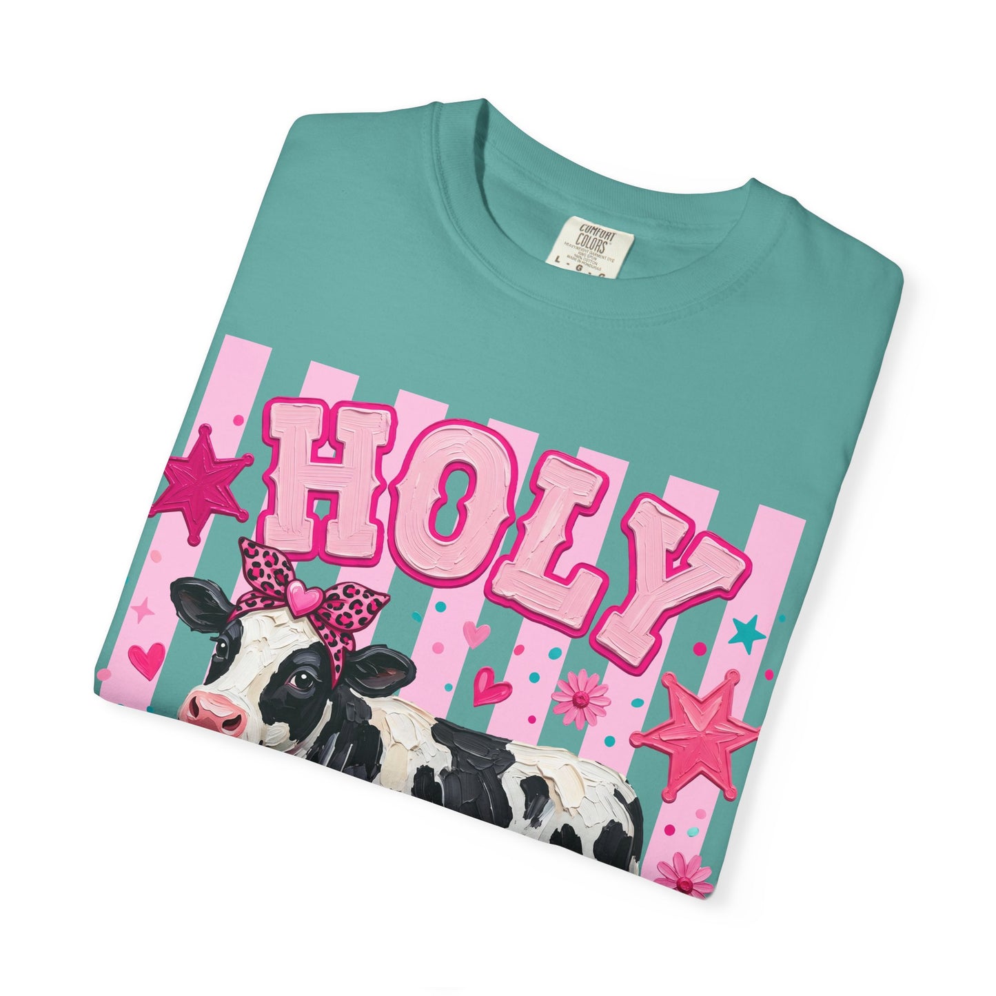 Holy Cow Graphic T-Shirt — Cute Cow with Pink Stars & Stripes