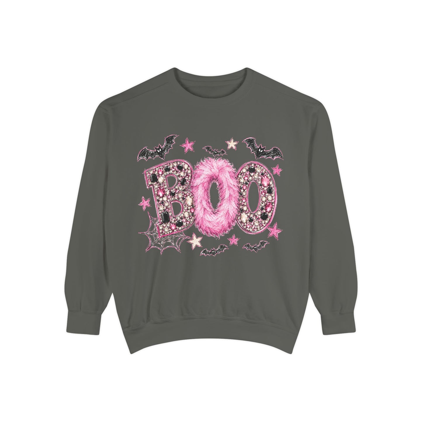 Halloween "BOO" Sweatshirt — Pink Glitter Bat & Spiderweb Graphic