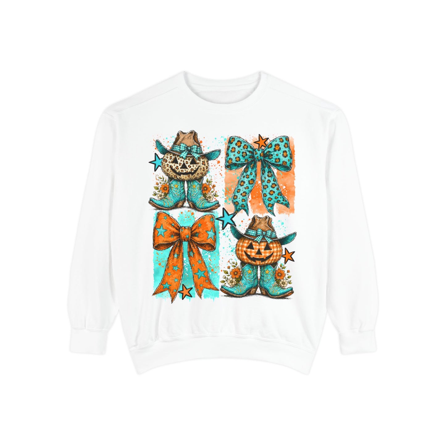 Halloween Cat & Pumpkin Bow Sweatshirt — Cute Teal Orange Fall Graphic