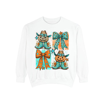 Halloween Cat & Pumpkin Bow Sweatshirt — Cute Teal Orange Fall Graphic