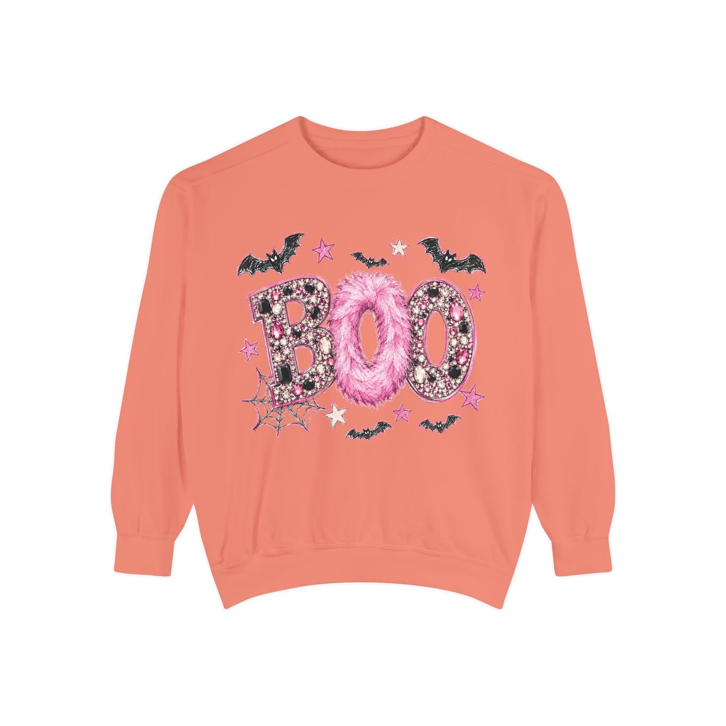 Halloween "BOO" Sweatshirt — Pink Glitter Bat & Spiderweb Graphic