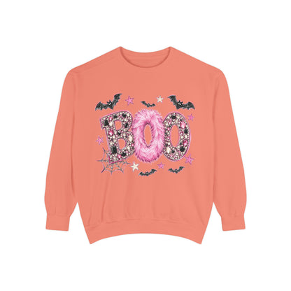 Halloween "BOO" Sweatshirt — Pink Glitter Bat & Spiderweb Graphic