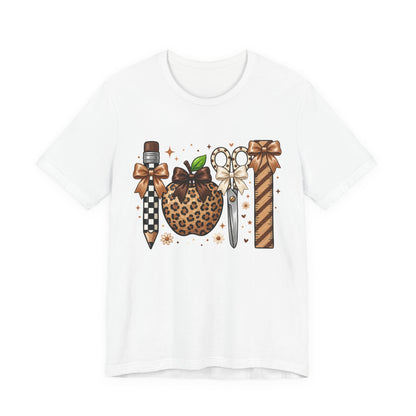 Leopard Apple & School Tools Teacher T‑Shirt — Back to School Graphic Tee