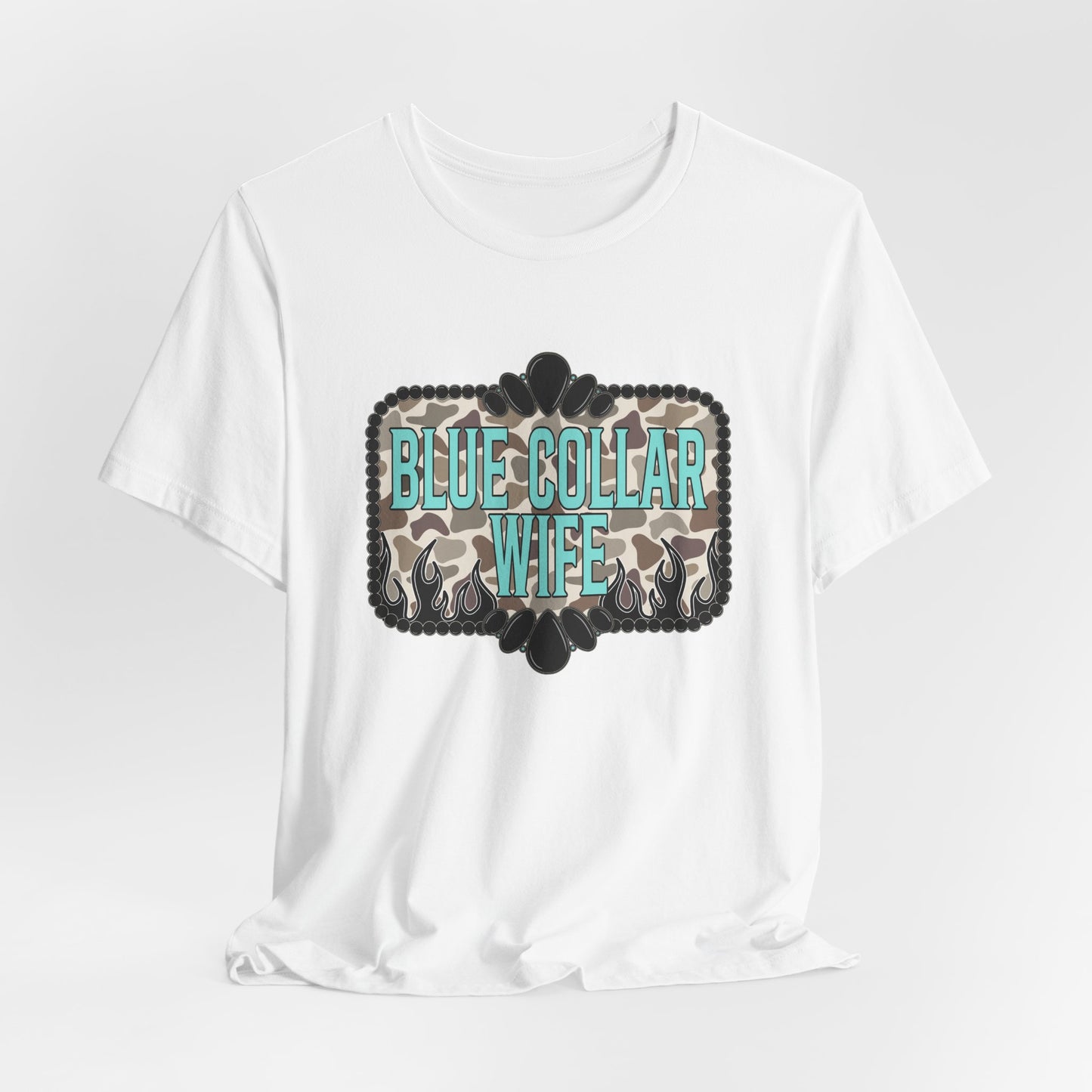 Blue Collar Wife T-Shirt — Rustic Camo Graphic Tee for Pride & Everyday Wear