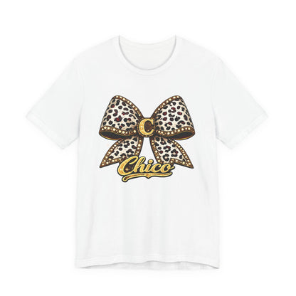 Chic Leopard Bow Graphic Tee — 'Chic' Script Short Sleeve Shirt