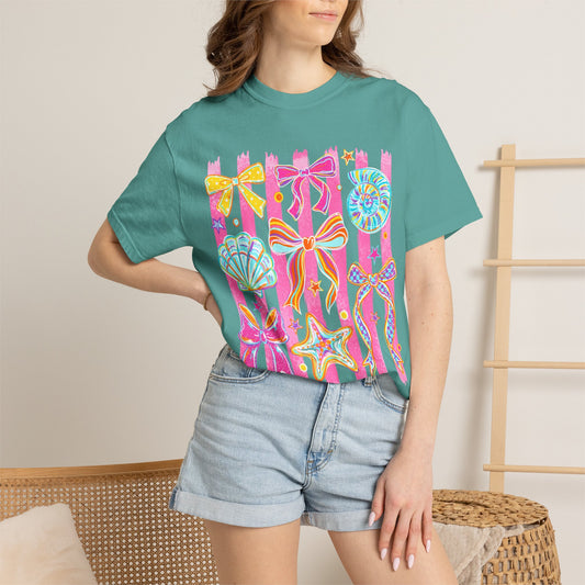 Beach Bow Graphic T-Shirt — Colorful Seashells & Starfish Design