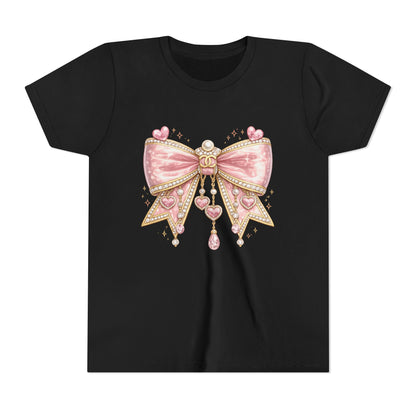 Youth Tee — Pink Jewel Bow Graphic Shirt for Girls, Cute Ribbon Heart Design
