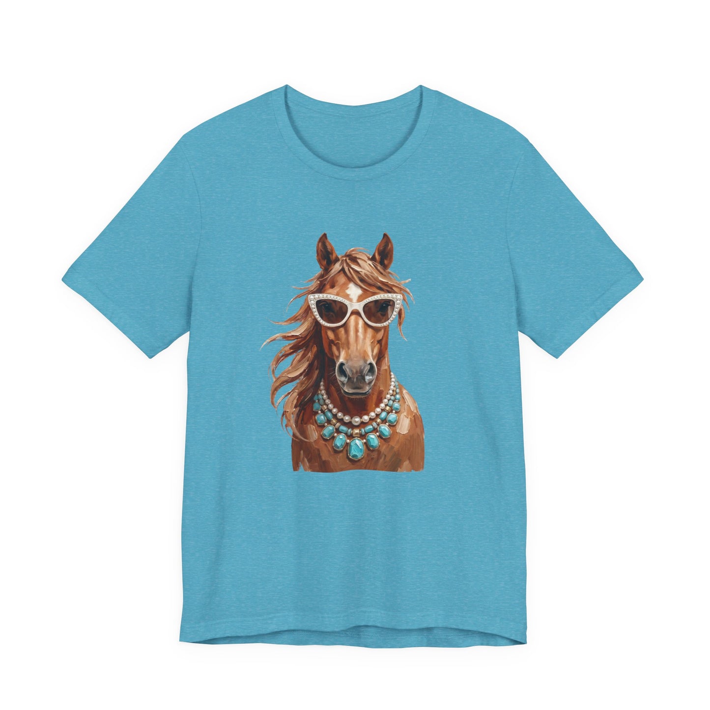 Horse Portrait T‑Shirt — Chic Horse in Sunglasses & Turquoise Necklace