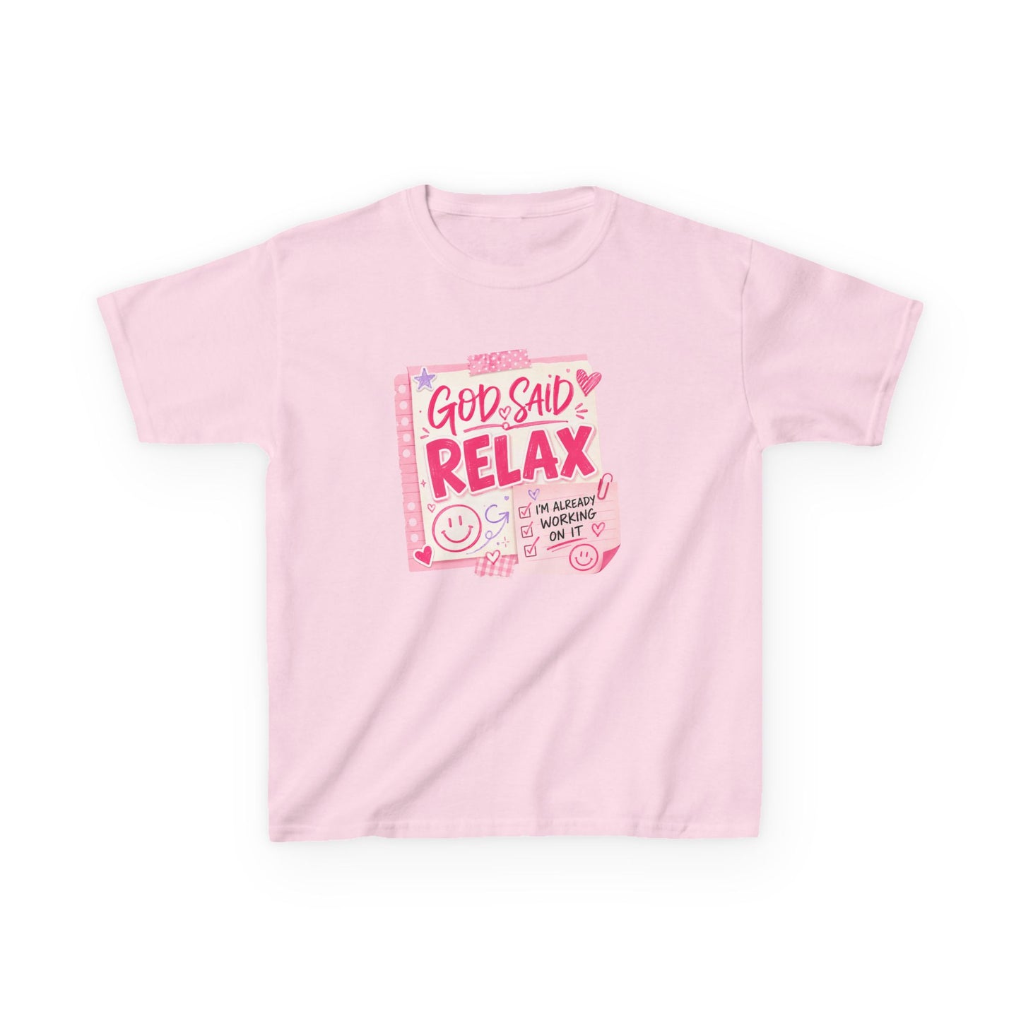 Kids Tee — "God Said Relax" Pink Faith Graphic