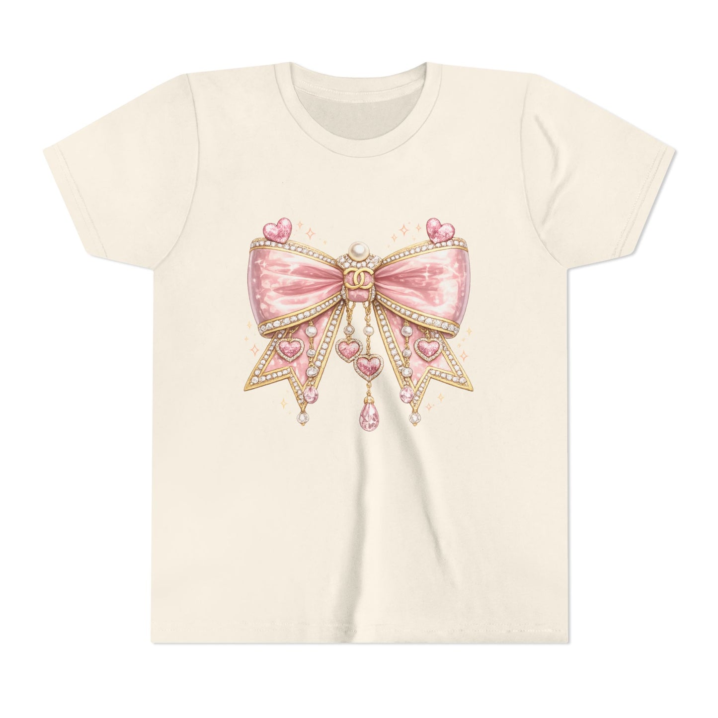 Youth Tee — Pink Jewel Bow Graphic Shirt for Girls, Cute Ribbon Heart Design