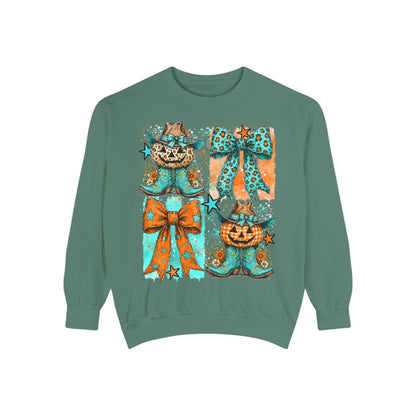Halloween Cat & Pumpkin Bow Sweatshirt — Cute Teal Orange Fall Graphic