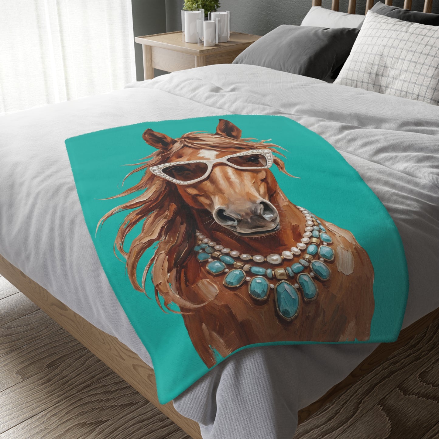 Glam Horse Velvet Microfiber Blanket — Turquoise Horse with Sunglasses & Necklace