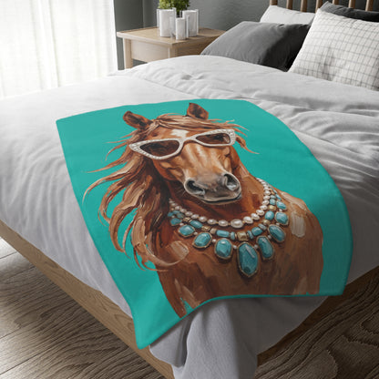 Glam Horse Velvet Microfiber Blanket — Turquoise Horse with Sunglasses & Necklace