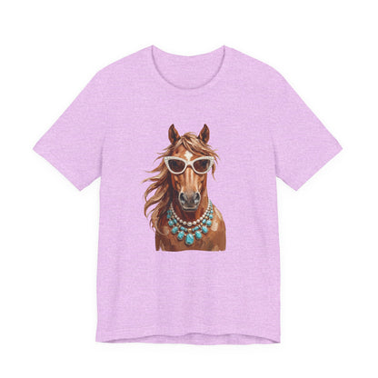 Horse Portrait T‑Shirt — Chic Horse in Sunglasses & Turquoise Necklace