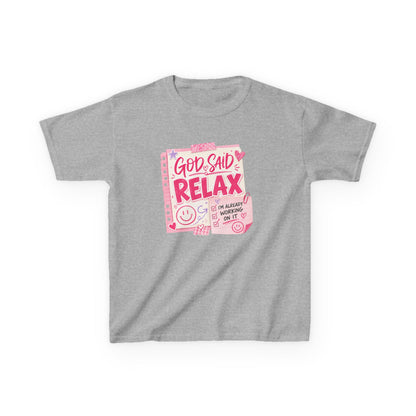 Kids Tee — "God Said Relax" Pink Faith Graphic