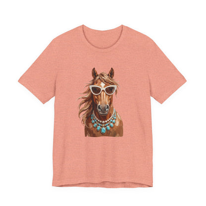 Horse Portrait T‑Shirt — Chic Horse in Sunglasses & Turquoise Necklace