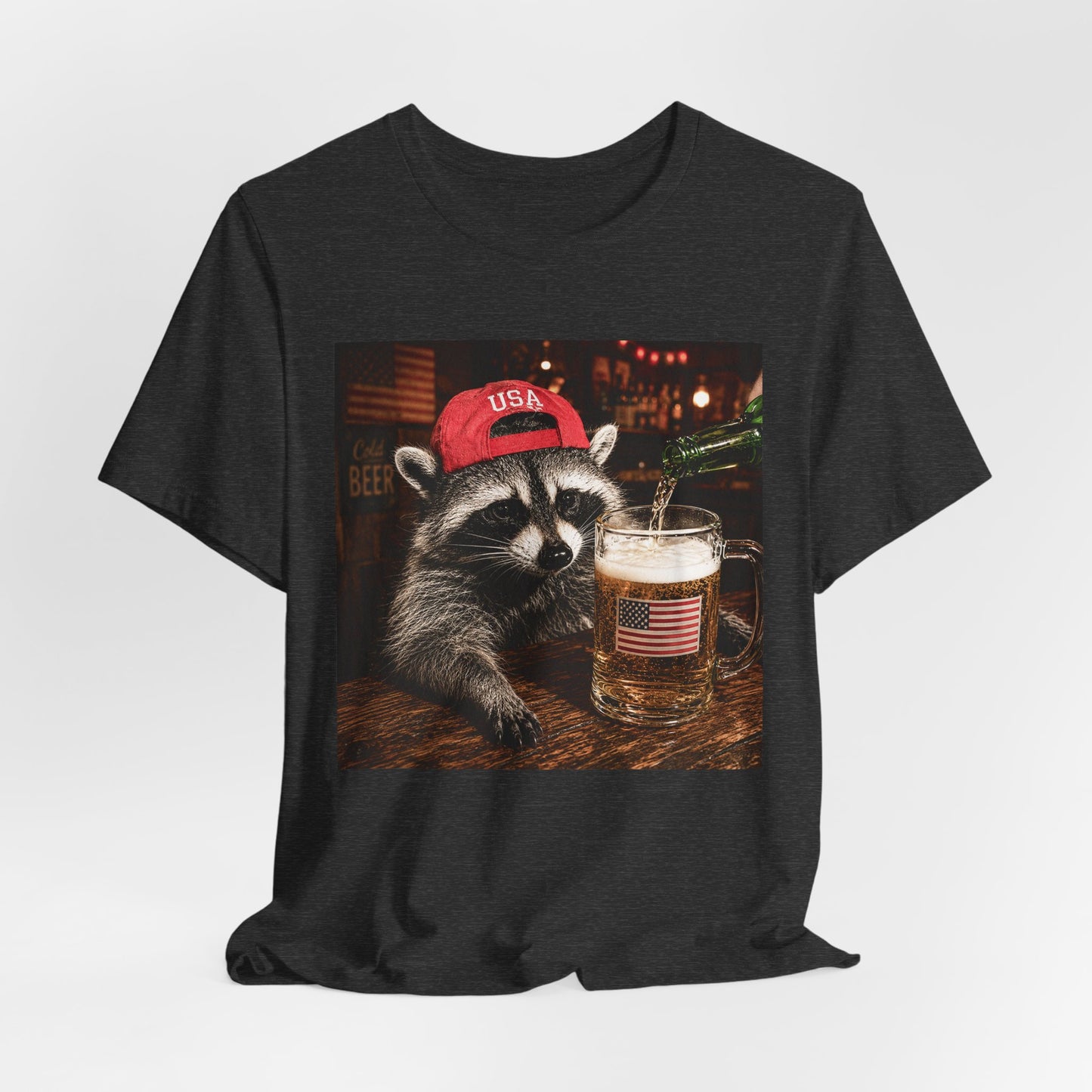 Raccoon Drinking Beer Graphic Tee – USA Flag Pint